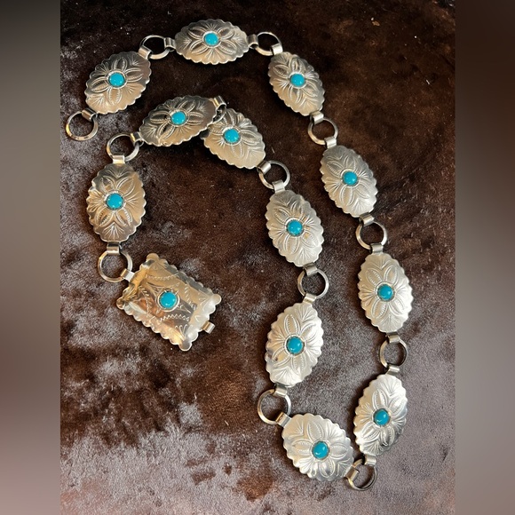 Vintage Native American Silver and Turquoise Concho Belt - Picture 1 of 9